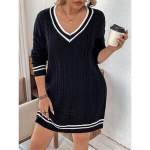 [VICI] Navy Blue White V-Neck Chunky Cable Knit Oversized Sweater Dress NWT XL